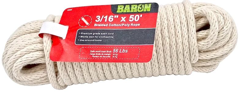 BARON Baron 42605 Cord, 3/16 in Dia, 50 ft L, 56 lb Working Load, Cotton/Poly, White