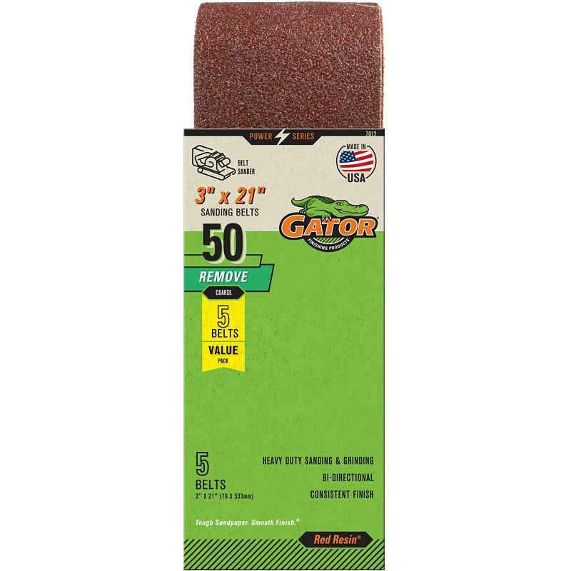 GATOR Gator Red Resin 7012 Sanding Belt, 3 in W, 21 in L, 50 Grit, Coarse, Aluminum Oxide Abrasive TOOLS GATOR