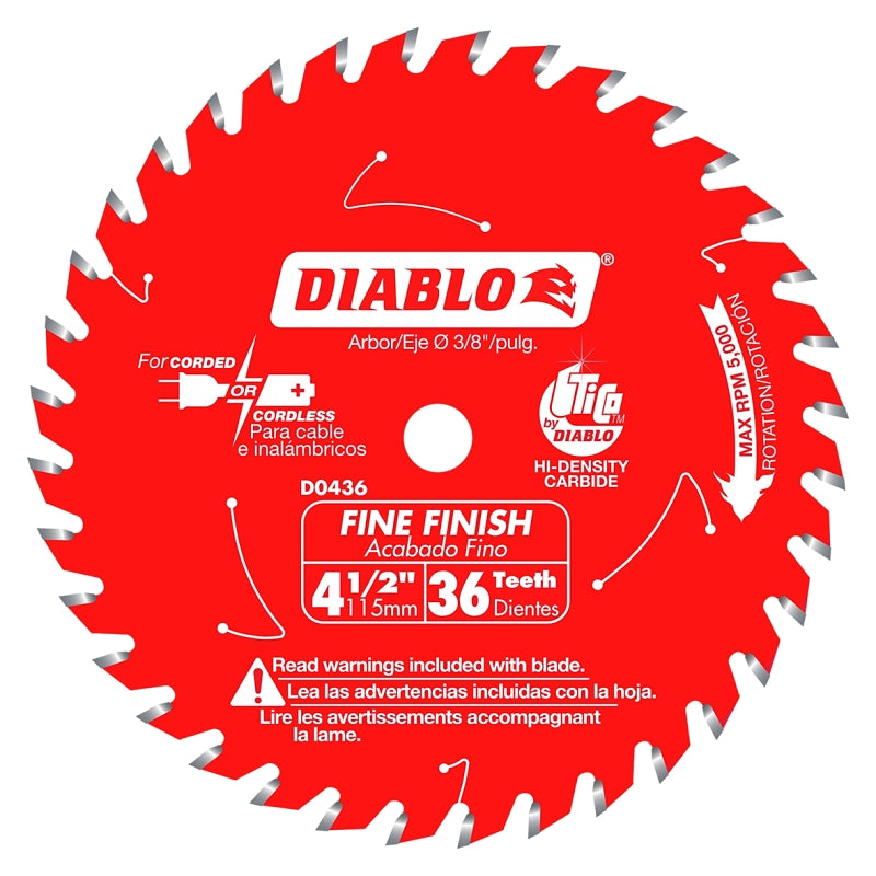 DIABLO Diablo D0436X Circular Saw Blade, 4-1/2 in Dia, 3/8 in Arbor, 36-Teeth, Carbide Cutting Edge TOOLS DIABLO