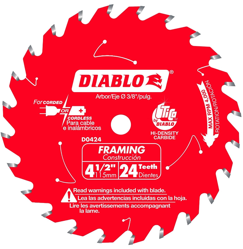 DIABLO Diablo D0424X Saw Blade, 4-1/2 in Dia, 3/8 in Arbor, 24-Teeth, Applicable Materials: Wood TOOLS DIABLO