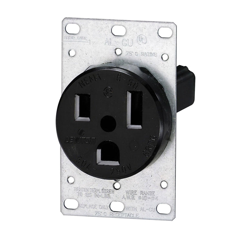 LEVITON Leviton R10-05374-S00 Electrical Receptacle, Flush Mounting, 2-Pole, 125/250 V, 50 A, NEMA: NEMA 6-50R, Black