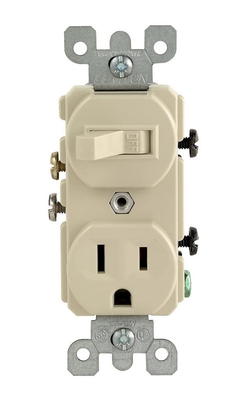 LEVITON Leviton S01-05225-0IS Combination Switch/Receptacle, 1-Pole, 15 A, 120 V Switch, 125 V Receptacle, Ivory