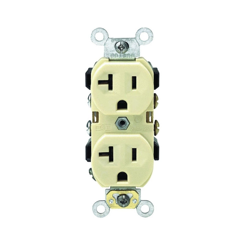 LEVITON Leviton S01-0BR20-0IS Duplex Receptacle, Nylon, Ivory, 2-Pole, 20 A, 125 V, Back, Side Wiring, NEMA: 5-20R
