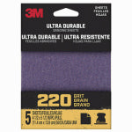 3M COMPANY Ultra Durable Sanding Sheet, 220-Grit, 1/4-Sheet, 4.5 x 5.5 In., 5-Pk.
