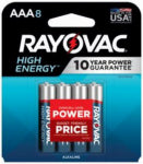 RAYOVAC Rayovac High Energy 824-8T1 Battery, 1.5 V Battery, 1100 mAh, AAA Battery, Alkaline ELECTRICAL RAYOVAC