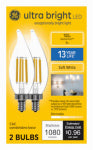 GE GE Ultra Bright Series 93131751 Light Bulb, CA12 Lamp, 100 W Equivalent, E12 Candelabra Lamp Base, Yes, Clear ELECTRICAL GE