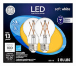 GE GE 93098656 Light Bulb, General-Purpose, A19 Lamp, 60 W Equivalent, Medium Lamp Base, Dimmable, Clear, Soft White Light ELECTRICAL GE