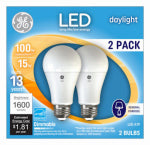GE GE 93127672 Light Bulb, A19 Lamp, 100 W Equivalent, Medium Lamp Base, Dimmable, Daylight, 5000 K Color Temp ELECTRICAL GE