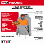 MILWAUKEE ELECTRIC TOOL CORP M12 Heated Hooded Sweatshirt, Cotton/Poly, With Battery & Charger, Gray, M CLOTHING, FOOTWEAR & SAFETY GEAR MILWAUKEE ELECTRIC TOOL CORP