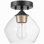 GLOBE ELECTRIC Harrow 1-Light Ceiling Fixture, Gold Accent Socket, Clear Glass Shade, Semi-Flush Mount , Matte Black