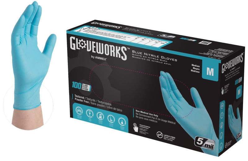 AMMEX Gloveworks INPF44100 Non-Sterile Disposable Gloves, M, Nitrile, Powder-Free, Blue, 9-1/2 in L