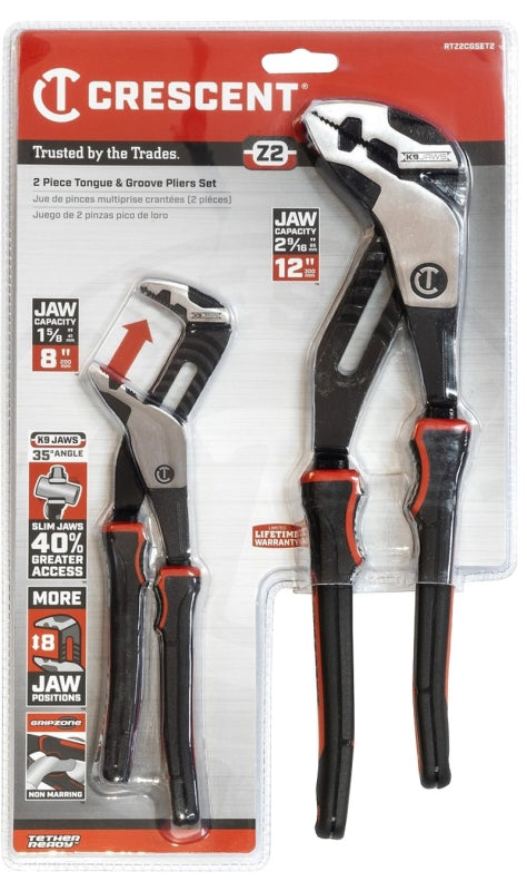CRESCENT Crescent Z2 K9 Series RTZ2CGSET2 Tongue and Groove Plier Set, 2-Piece, Alloy Steel, Black/Rawhide, Polished