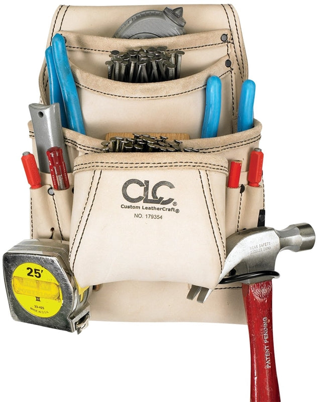 HULTAFORS CLC Tool Works Series 179354 Carpenter's Nail/Tool Bag, 20 in W, 20-1/2 in H, 10-Pocket, Leather, White