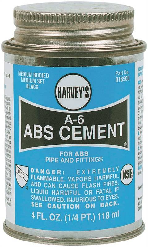 HARVEY Harvey A-6 Series 18500-24 Solvent Cement, Liquid, Black, 4 oz Can PLUMBING, HEATING & VENTILATION HARVEY