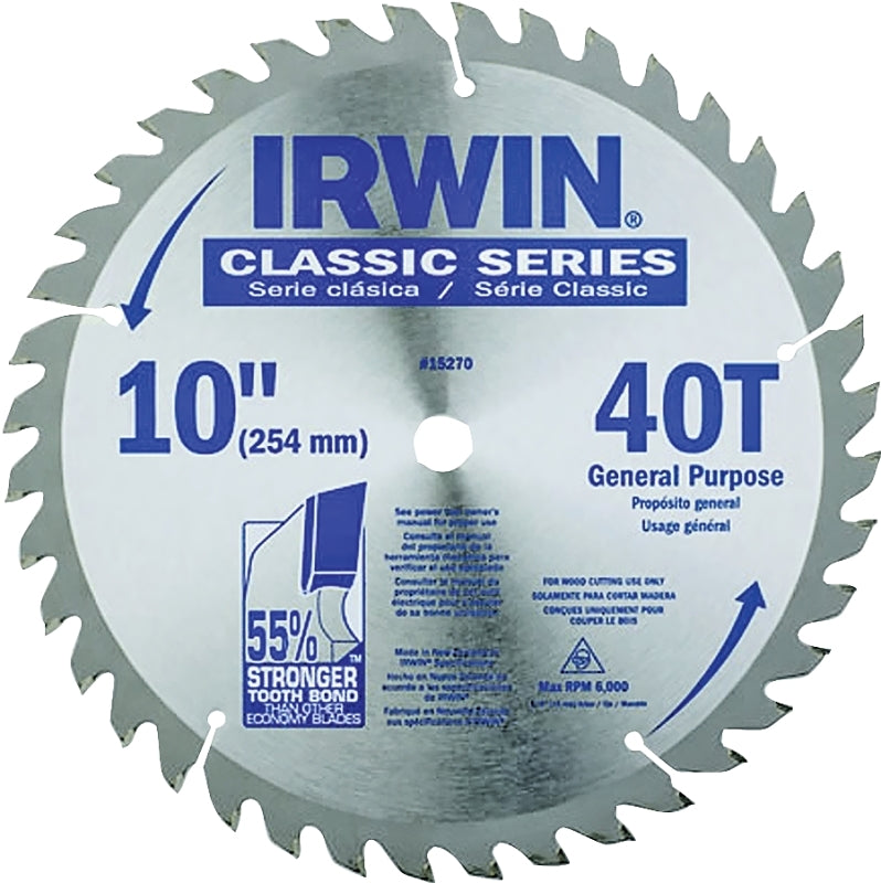 IRWIN Irwin 15270 Circular Saw Blade, 10 in Dia, 5/8 in Arbor, 40-Teeth, Carbide Cutting Edge, Applicable Materials: Wood TOOLS IRWIN