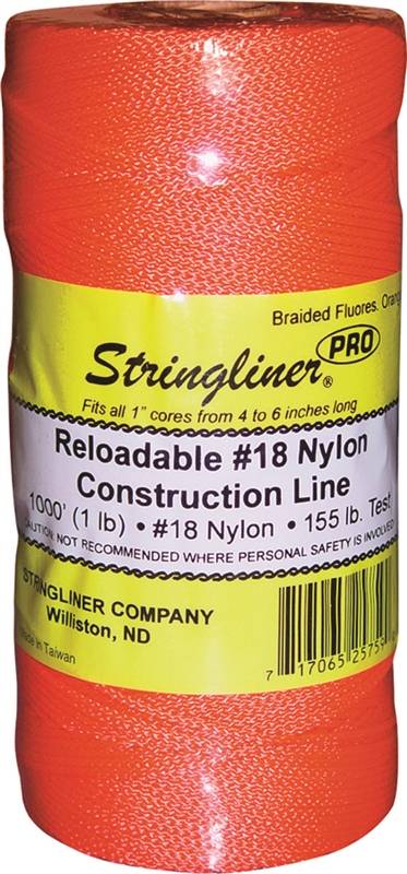 STRINGLINER BY U.S. TAPE Stringliner Pro Series 35759 Construction Line, #18 Dia, 1000 ft L, 165 lb Working Load, Nylon, Fluorescent Orange