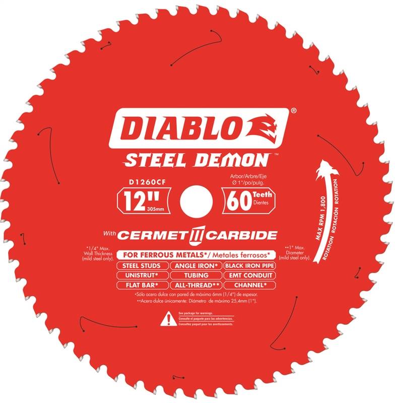 DIABLO Diablo D1260CF Circular Saw Blade, 12 in Dia, 1 in Arbor, 60-Teeth, Cermet Cutting Edge