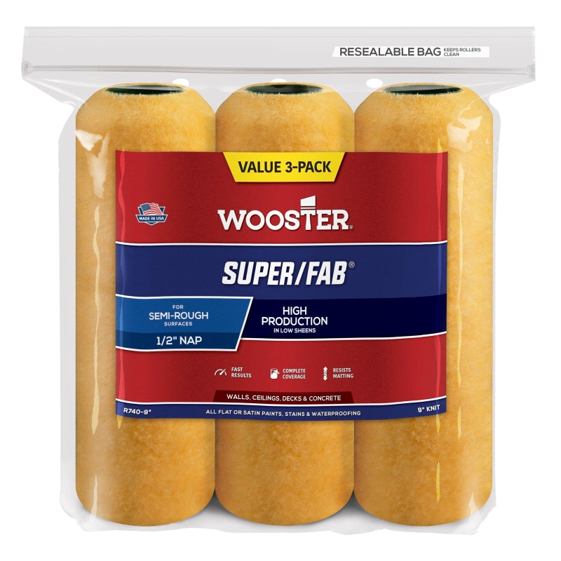 WOOSTER BRUSH Wooster R740-9 Roller Cover, Gold/Yellow, 1/2 in Thick Nap, 9 in L, Fabric Cover, 3/PK PAINT WOOSTER BRUSH