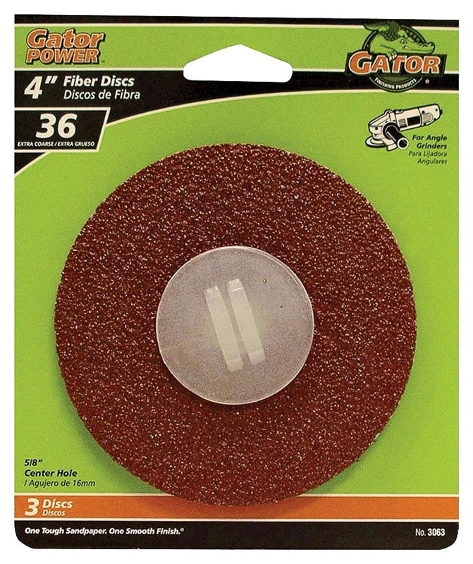 GATOR Gator 3063 Fiber Disc, 4 in Dia, 36 Grit, Extra Coarse, Aluminum Oxide Abrasive, Fiber Backing, 3/PK TOOLS GATOR