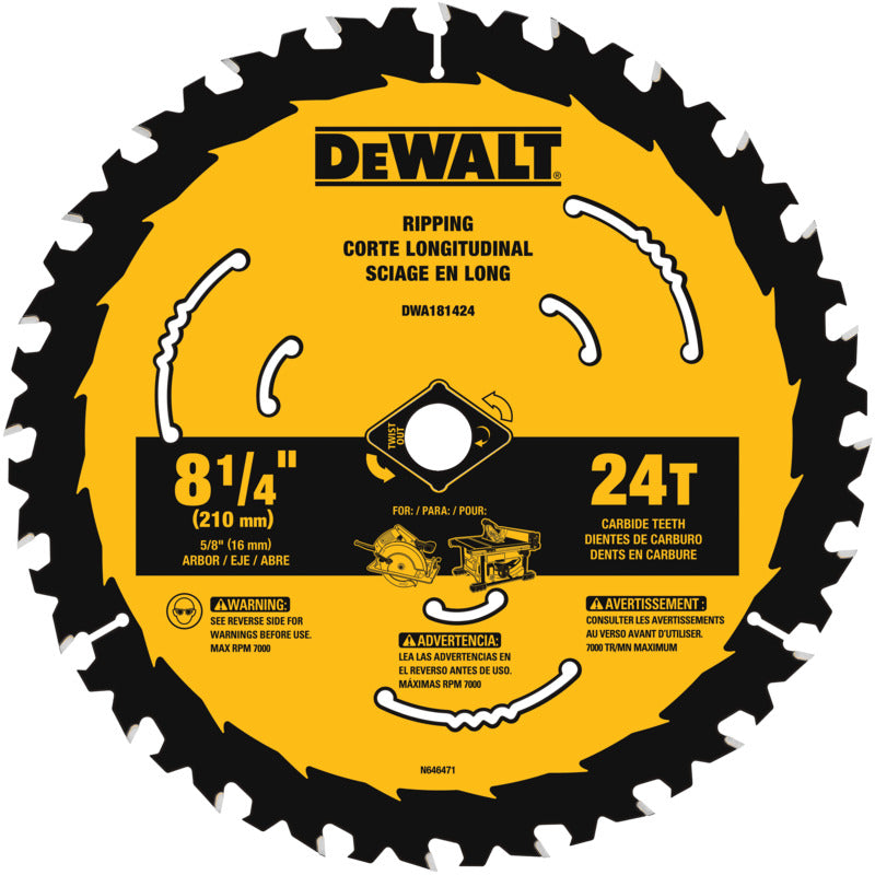 DEWALT DEWALT DWA181424B10 Circular Saw Blade, 8-1/4 in Dia, 5/8 in Arbor, 24-Teeth, Applicable Materials: Wood TOOLS DEWALT