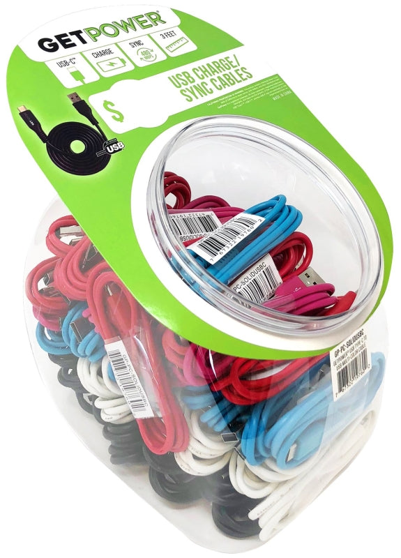 GET POWER GetPower CWP-USBBOWLUSBC Braided USB Charge/Sync Cable, Assorted Sheath, 3 ft L ELECTRICAL GET POWER