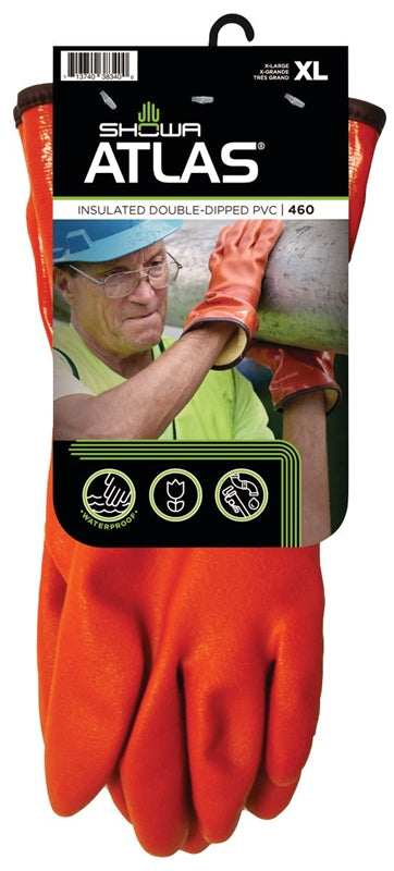 SHOWA Showa 460XL-10.RT Coated Gloves, XL, 11-13/16 in L, Gauntlet Cuff, PVC, Orange CLEANING & JANITORIAL SUPPLIES SHOWA
