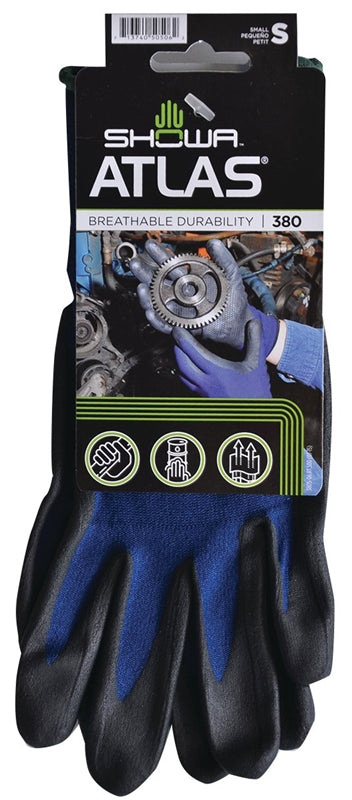 SHOWA Showa 380S-06.RT Coated Gloves, S, 8-21/32 to 10-15/64 in L, Elastic Cuff, Nitrile Foam Coating, Black/Blue