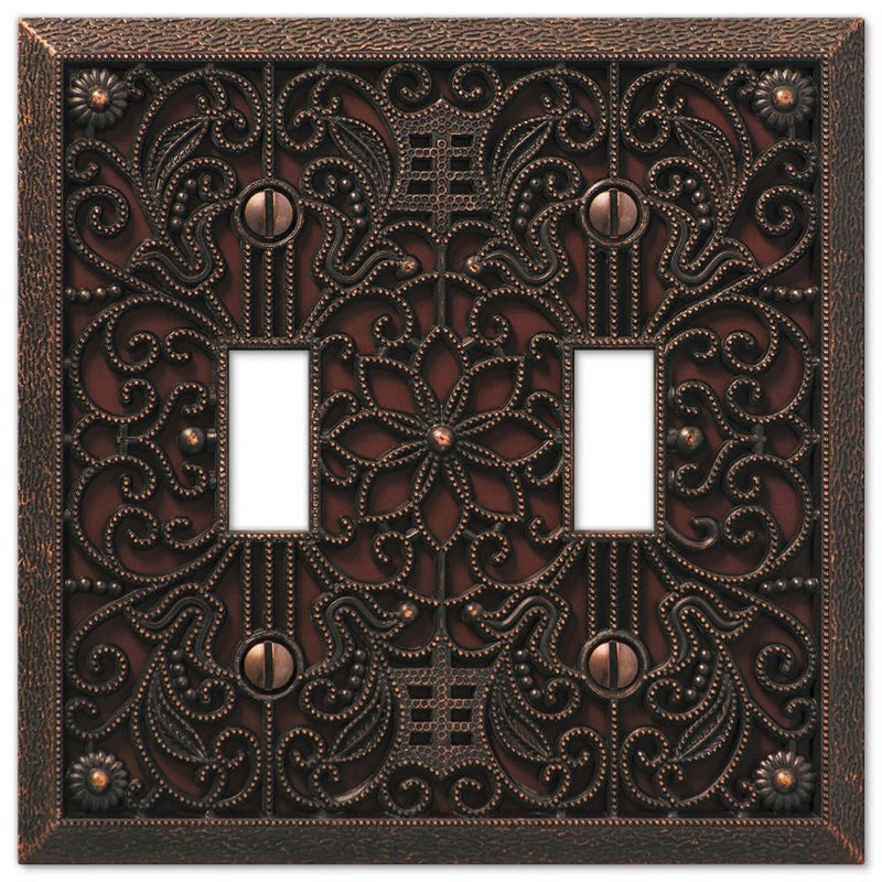 AMERELLE Amerelle Filigree 65TTDB Wallplate, 4-1/2 in L, 4-7/16 in W, 2 -Gang, Metal, Aged Bronze ELECTRICAL AMERELLE