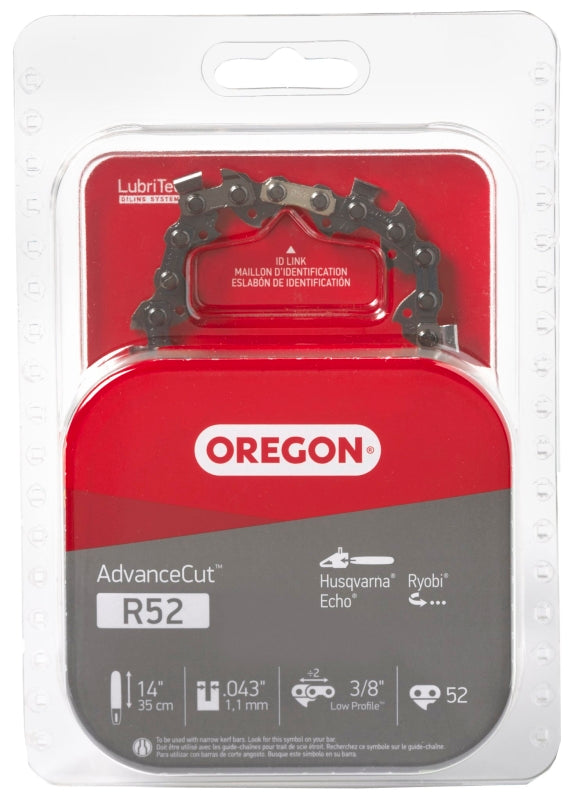 OREGON Oregon AdvanceCut R52 Chainsaw Chain, 14 in L Bar, 0.043 Gauge, 3/8 in TPI/Pitch, 52-Link