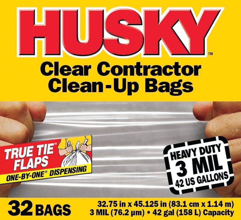 POLY-AMERICA Husky HC42WC032C Clean-Up Trash Bag, 42 gal Capacity, Polyethylene, Clear