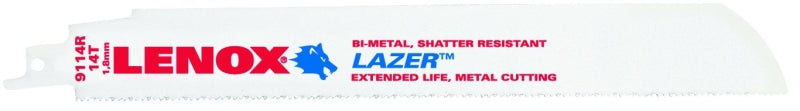 LENOX Lenox LAZER 201789114R Reciprocating Saw Blade, 1 in W, 9 in L, 14 TPI, Cobalt Cutting Edge TOOLS LENOX