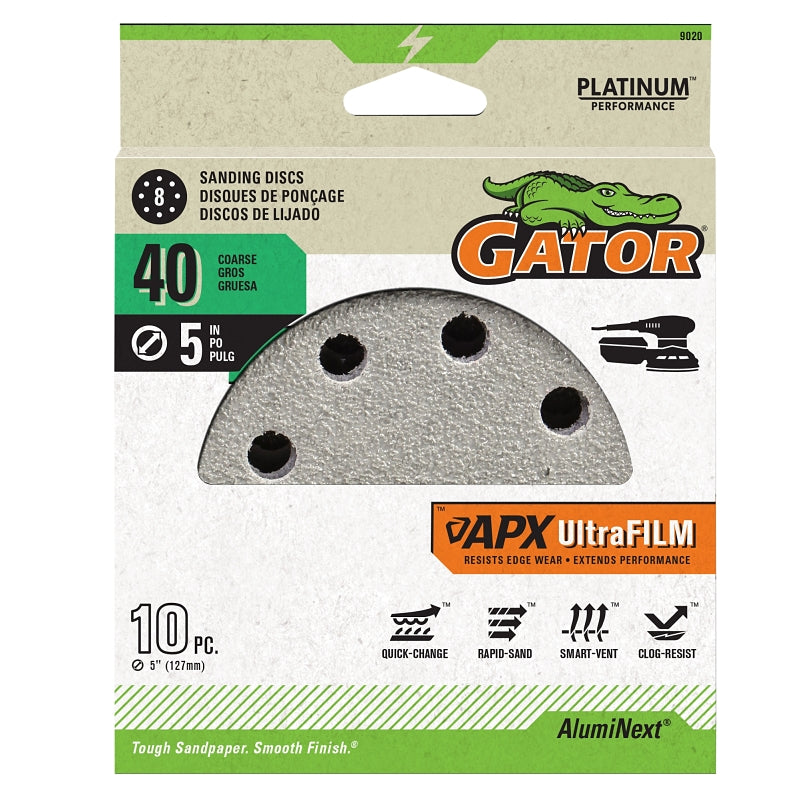 GATOR Gator Shopsmith 9020 Sanding Disc, 5 in Dia, 40 Grit, Extra Course, Aluminum Oxide Abrasive, Film Backing, Vented TOOLS GATOR