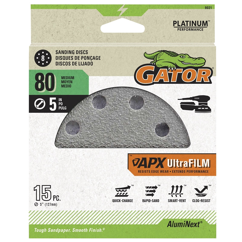 GATOR Gator 9021GA Sanding Disc, 5 in Dia, 80 Grit, Aluminum Oxide Abrasive, Film Backing, 8-Hole TOOLS GATOR