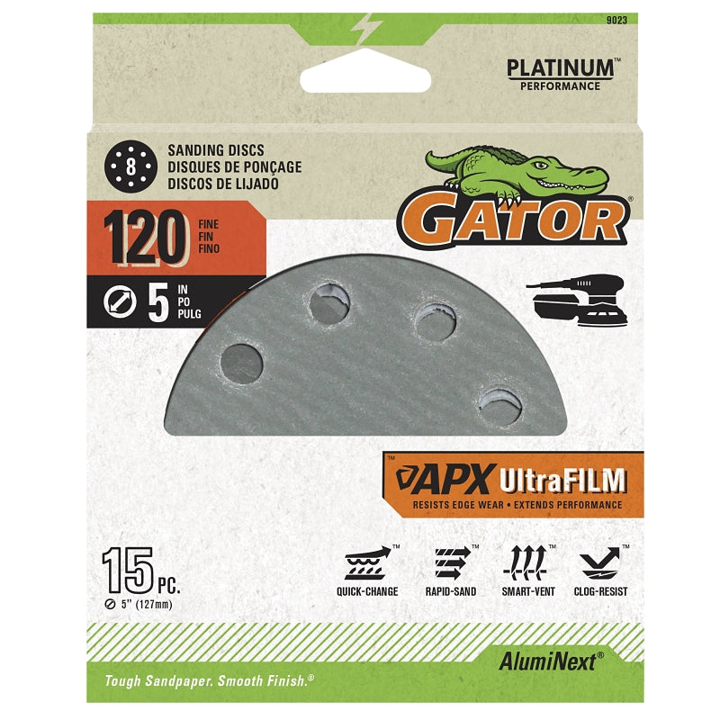 GATOR Gator Shopsmith 9023 Sanding Disc, 5 in Dia, 120 Grit, Fine, Aluminum Oxide Abrasive, Film Backing, Vented PAINT GATOR