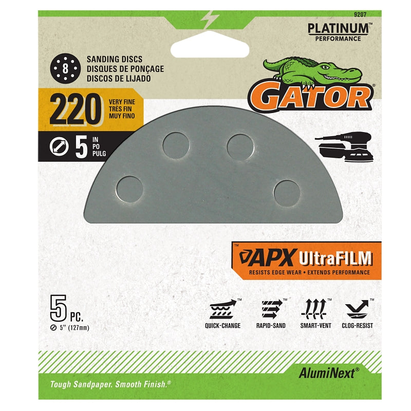 GATOR Gator 9207 Sanding Disc, 5 in Dia, 220 Grit, Fine, Ceramic Alumina Abrasive, Ultra Film Backing TOOLS GATOR