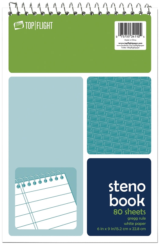 TOP FLIGHT Top Flight 4600948 Steno Pad, Rule Sheet, 6 in L x 9 in W Sheet, 80-Sheet, White Sheet, Wirebound Binding HOUSEWARES TOP FLIGHT
