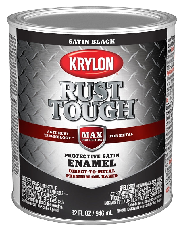 KRYLON Krylon Rust Tough K09707008 Rust Preventative Paint, Satin, Black, 1 qt, 400 sq-ft/gal Coverage Area