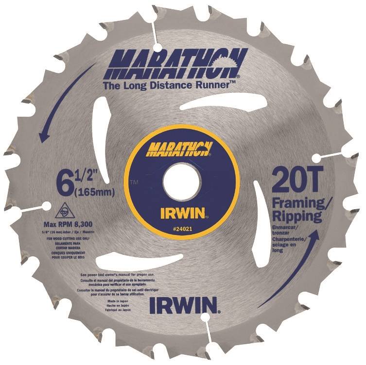 IRWIN Irwin Marathon 24021 Circular Saw Blade, 6-1/2 in Dia, 5/8 in Arbor, 20-Teeth, Carbide Cutting Edge TOOLS IRWIN