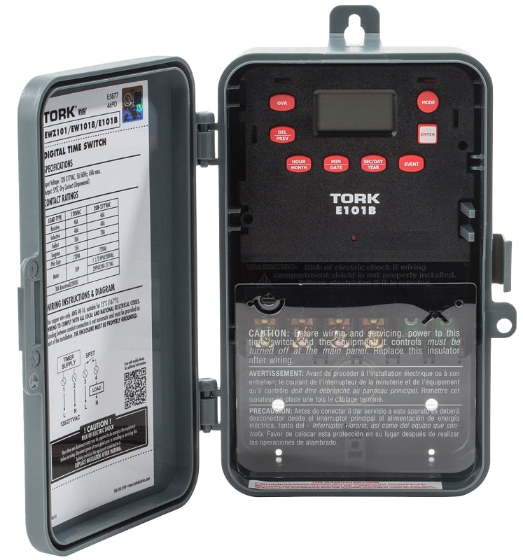 TORK Tork E101B Digital Timer, 30 A, 120/277 VAC, 1 min to 24 hr Time Setting, 24 hr Cycle, Gray ELECTRICAL TORK