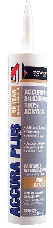 TOWER SEALANTS Tower Sealants ACCURA PLUS TS-00031 Silicone Sealant, White, 7 to 14 days Curing, 40 to 140 deg F, 10.1 fl-oz Tube PAINT TOWER SEALANTS