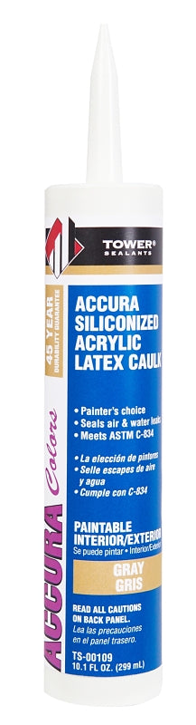 TOWER SEALANTS Tower Sealants ACCURA TS-00109 Silicone Caulk, Gray, 7 to 14 days Curing, 40 to 140 deg F, 10.1 fl-oz Tube PAINT TOWER SEALANTS