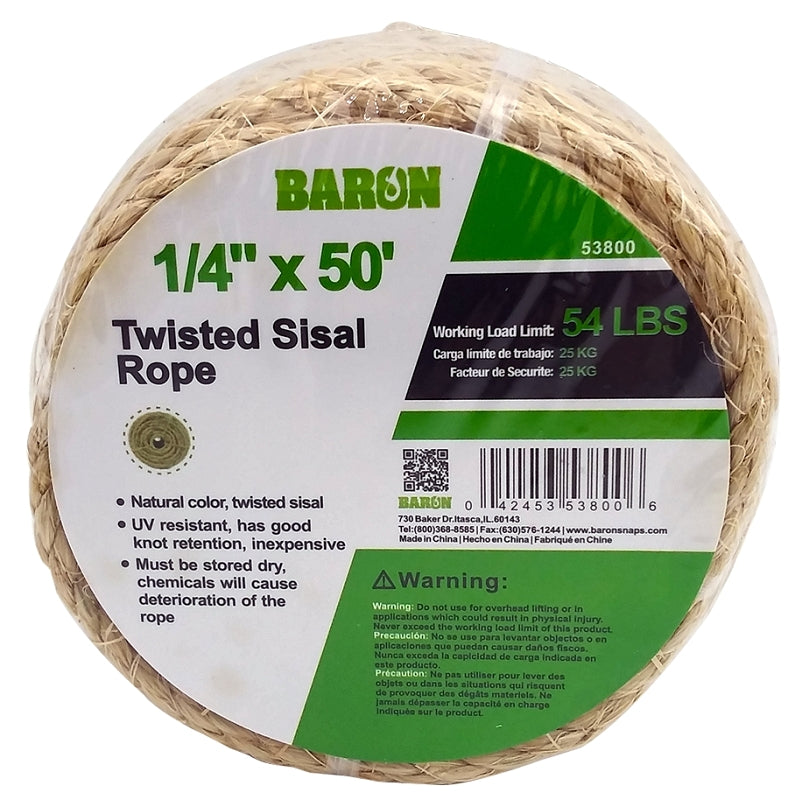 BARON Baron 53800 Rope, 1/4 in Dia, 50 ft L, 54 lb Working Load, Sisal, Natural HARDWARE & FARM SUPPLIES BARON