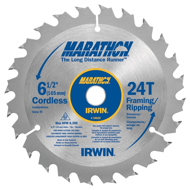 IRWIN Irwin Marathon 24029 Circular Saw Blade, 6-1/2 in Dia, 5/8 in Arbor, 24-Teeth, Carbide Cutting Edge, 8300 rpm TOOLS IRWIN
