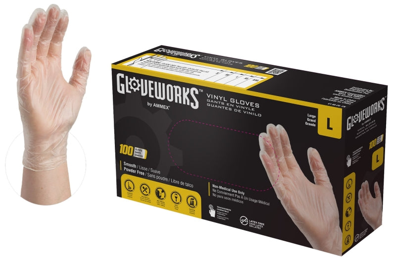 AMMEX Gloveworks IVPF46100 Disposable Gloves, L, Vinyl, Powder-Free, Clear, 11.73 in L