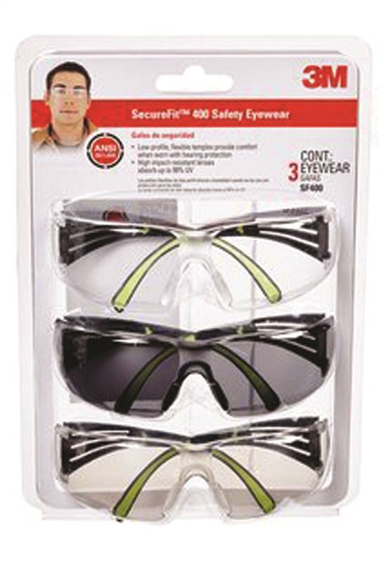 3M 3M SF400-W-3PK Safety Eyewear, Clear/Gray Lens, Neon Green/Black Frame, Anti-Fog, Scratch-Resistant Lens
