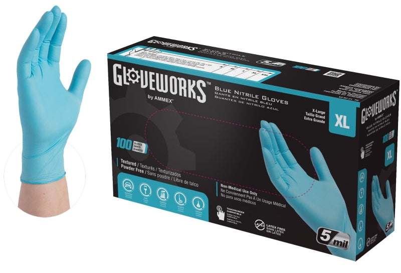 AMMEX Gloveworks INPF48100 Non-Sterile Disposable Gloves, XL, Nitrile, Powder-Free, Blue, 9-1/2 in L