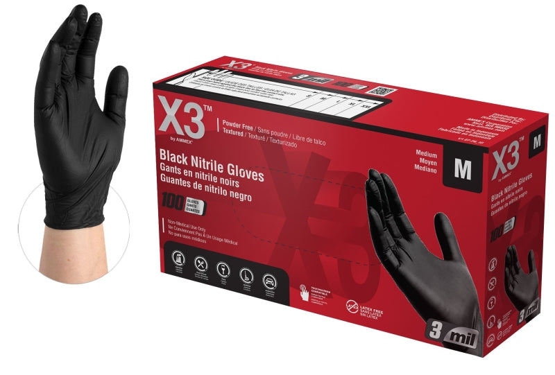 AMMEX Ammex BX344100 Disposable Gloves, M, Nitrile, Powder-Free, Black, 9-1/2 in L