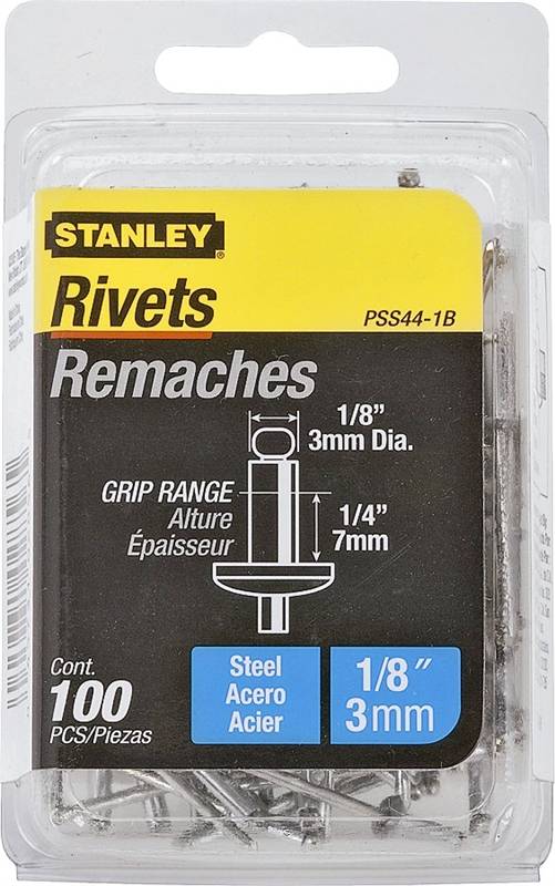 STANLEY STANLEY PSS44-1B Pop Rivet, High-Strength, Reusable, 1/4 in Grip, 1/8, Galvanized Steel, 100/PK