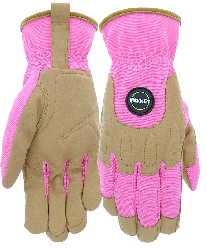 MIRACLE-GRO Miracle-Gro MG86203/WML Gloves, Women's, M/L, 4 in L, Reinforced Thumb, Shirred Wrist Cuff, Synthetic Leather, Pink