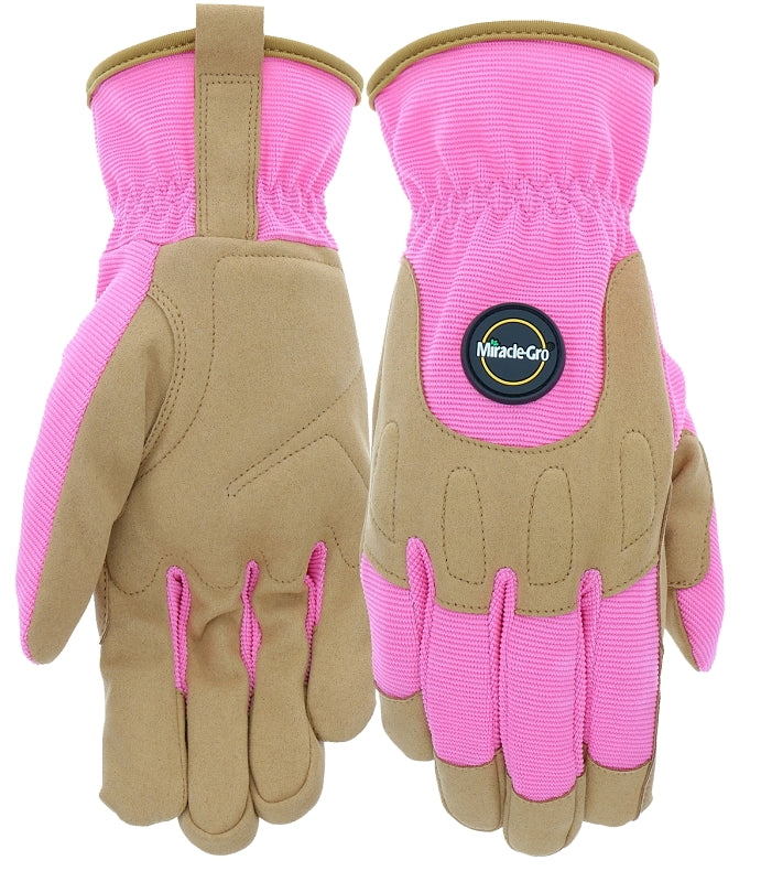 MIRACLE-GRO Miracle-Gro MG86203/WSM High-Dexterity Gloves, Women's, S/M, 3-3/4 in L, Reinforced Thumb, Shirred Wrist Cuff, Pink